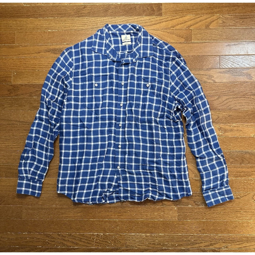 johnnie-O Hangin' Out Mens Large Linen Blend Button Down Windowpane Blue‎ Plaid
